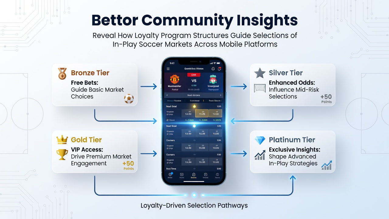 Mobile app interface showing loyalty tier progress and in-play soccer market options