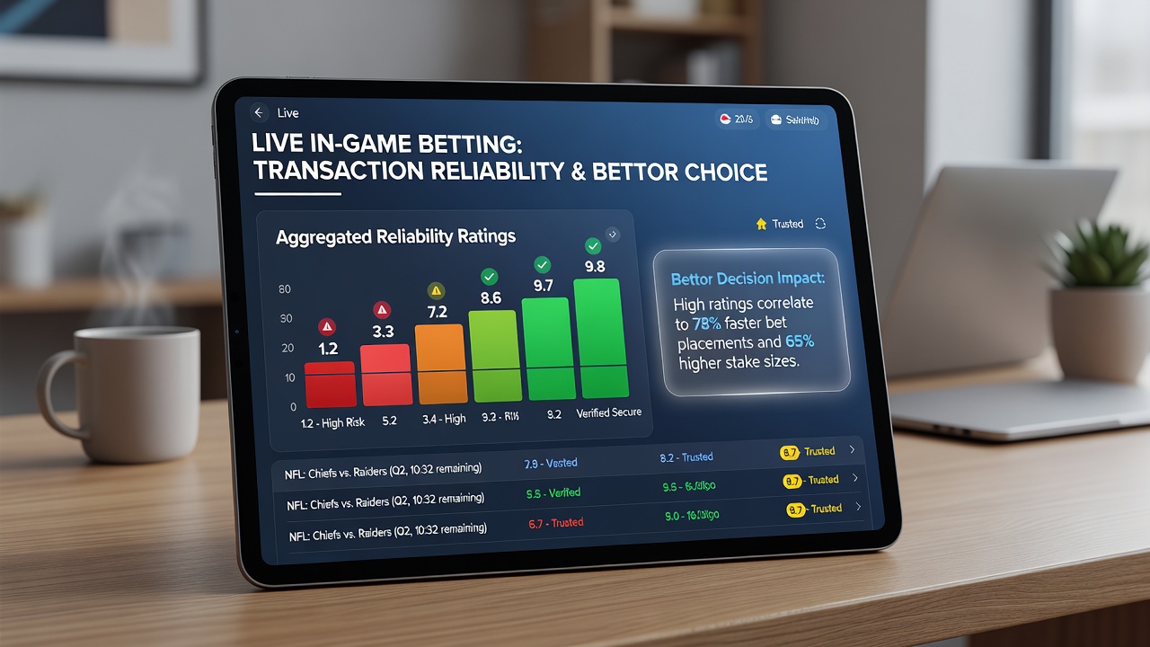 Bettors reviewing aggregated transaction reliability scores on mobile screens while monitoring live soccer in-play options
