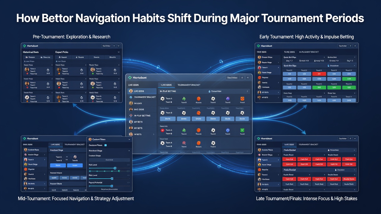 Bettors navigating sportsbook interfaces during major tournament periods showing mobile app usage patterns