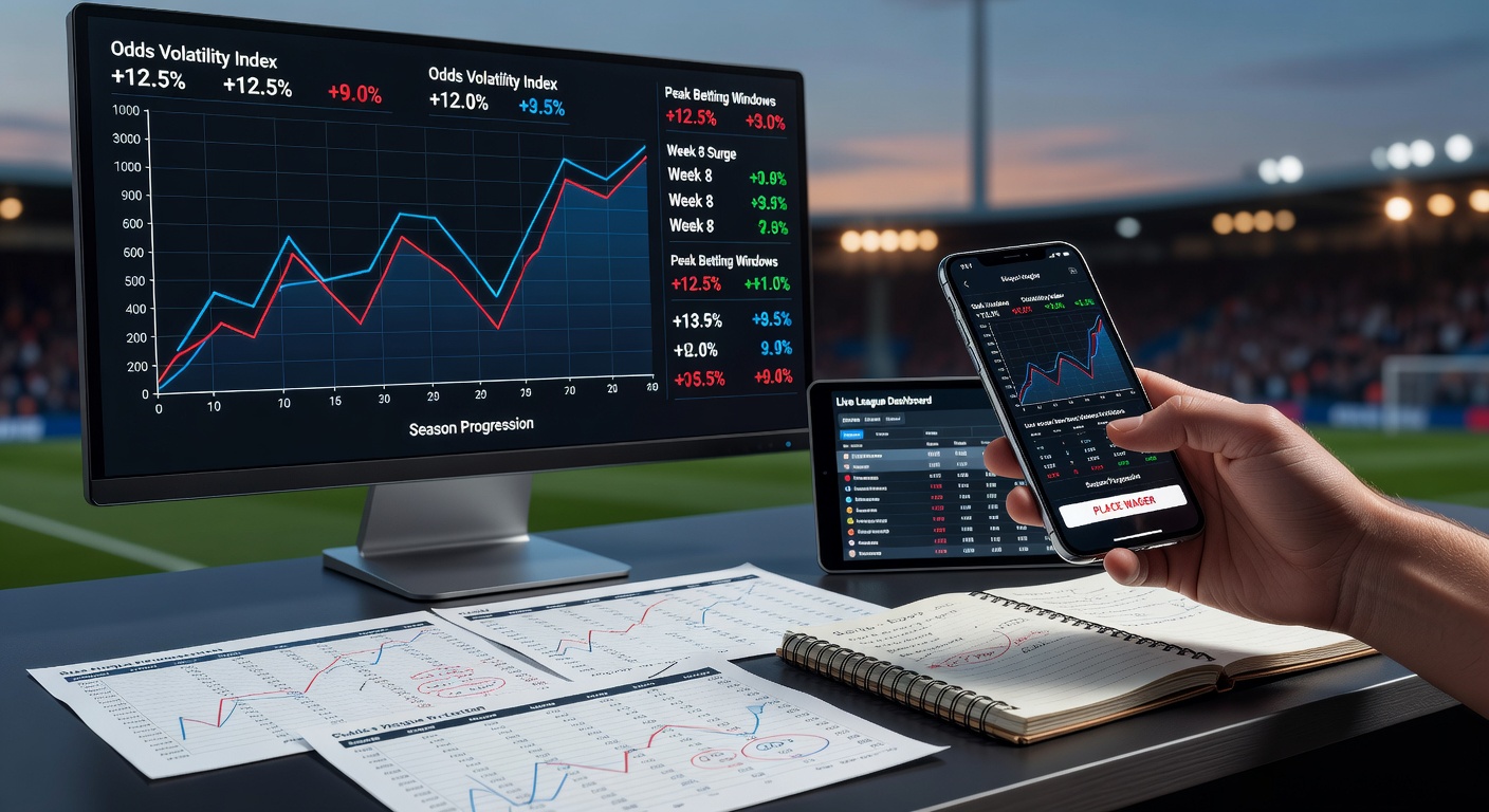 Football bettors reviewing historical odds movement charts on mobile apps ahead of league matches