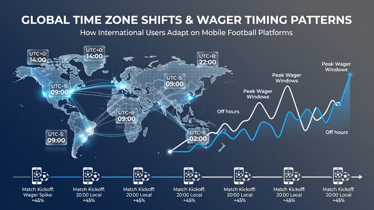 Global map overlay on a smartphone screen illustrating time zone differences affecting football match start times and betting activity peaks