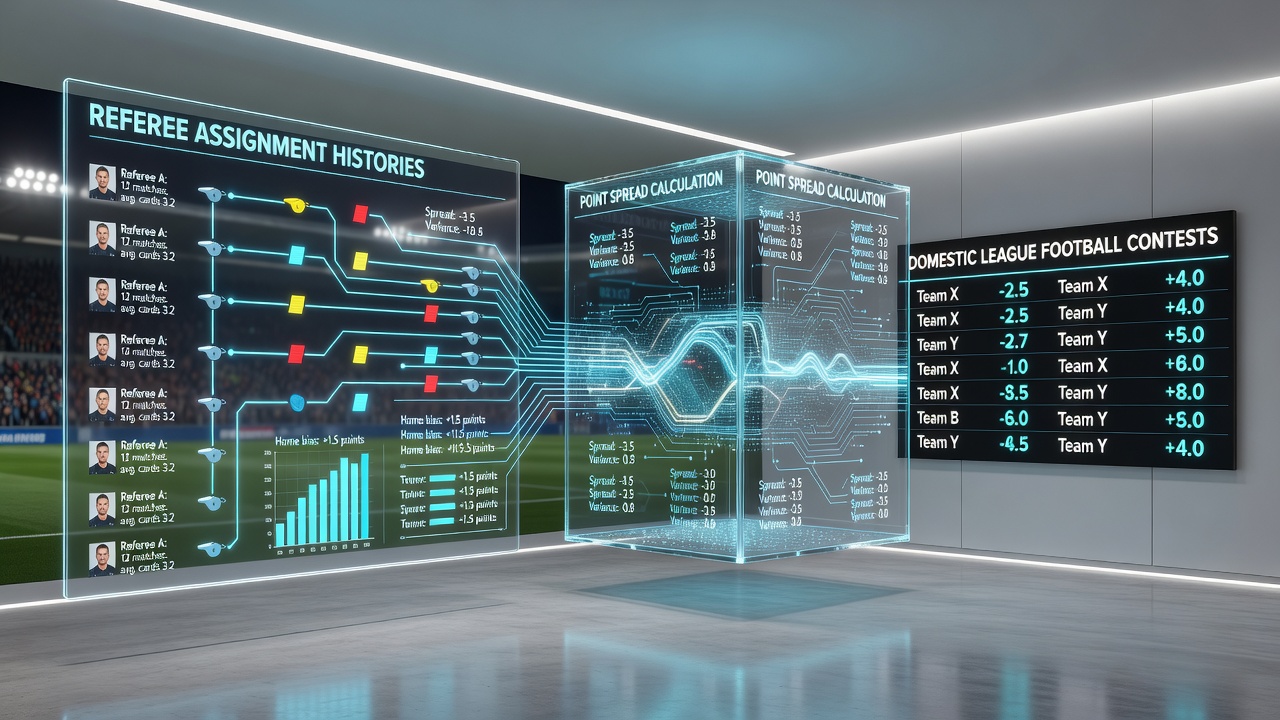 Analysts reviewing referee assignment data alongside historical match outcomes for point spread modeling