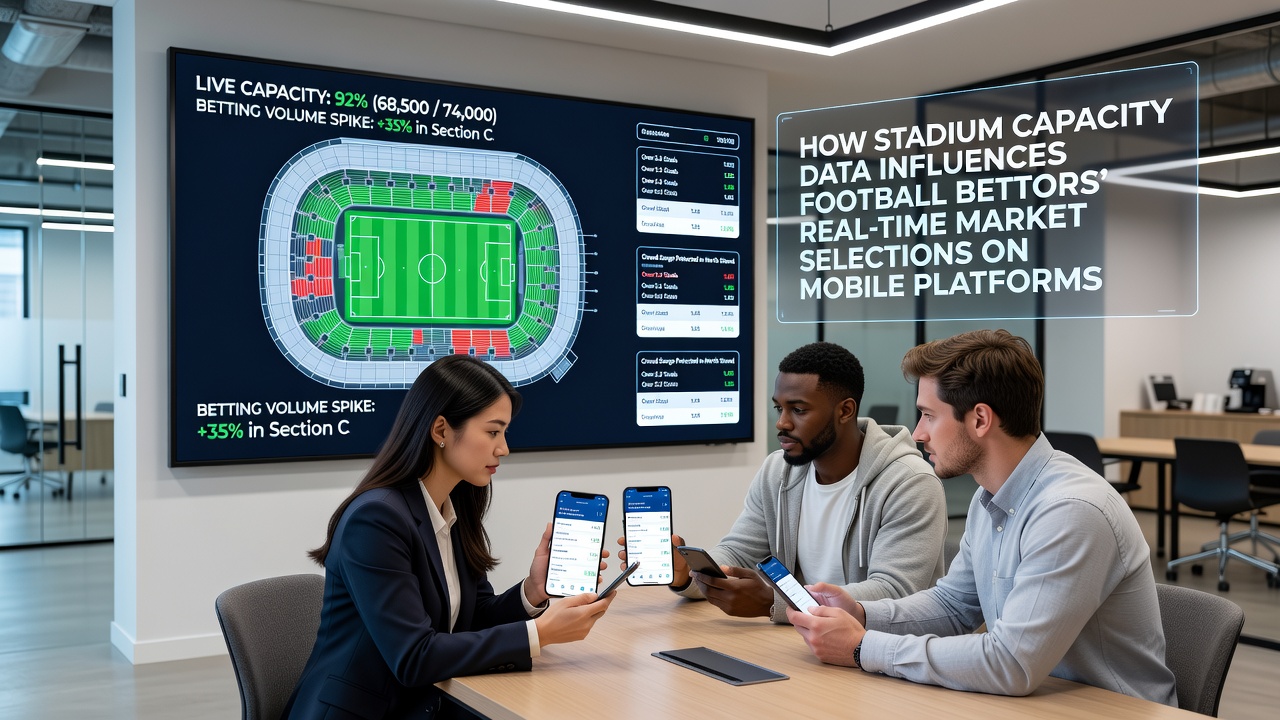 Bettors reviewing stadium attendance data on smartphones during an evening soccer match with live odds updating