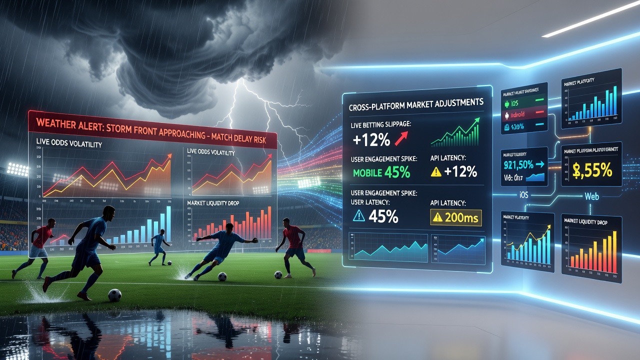 Soccer field under sudden heavy rain with betting app interface overlay showing live odds changes
