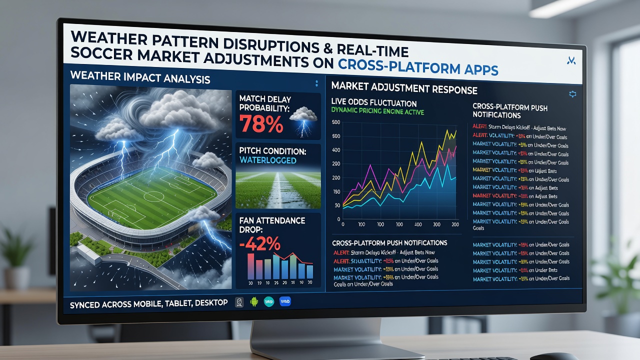 Mobile app screen displaying soccer match with weather overlay and dynamic betting odds adjustments