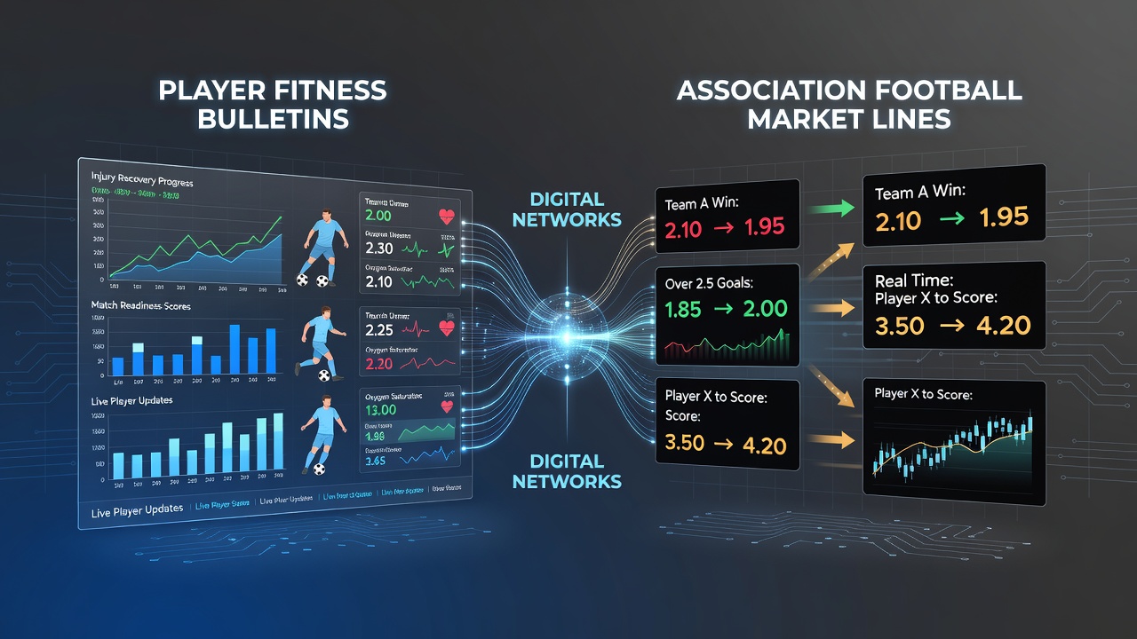 Digital networks displaying football player fitness updates and market line movements