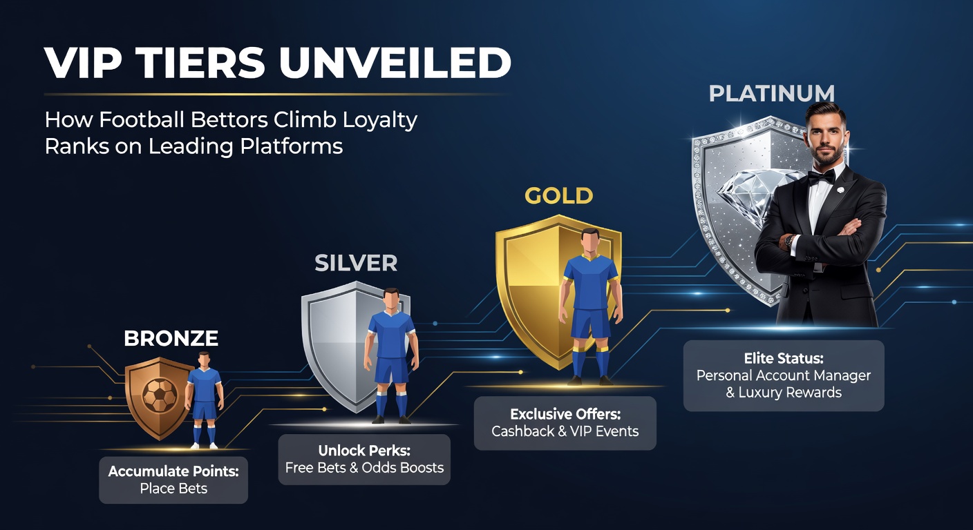 Graphic showing tiered loyalty ladder for football betting VIP programs, with icons of footballs and rising ranks from bronze to diamond